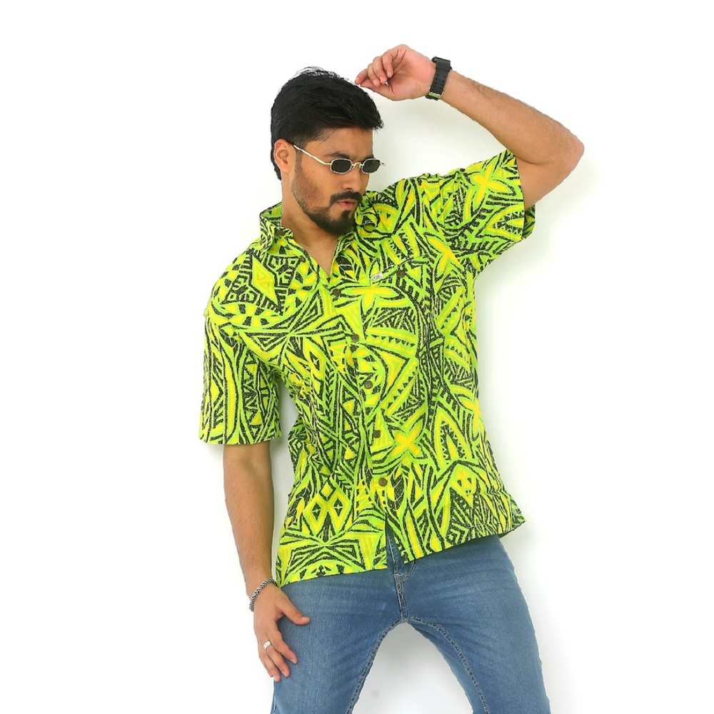 Green and Black Casual Button Down Shirt with Tropical Patterns